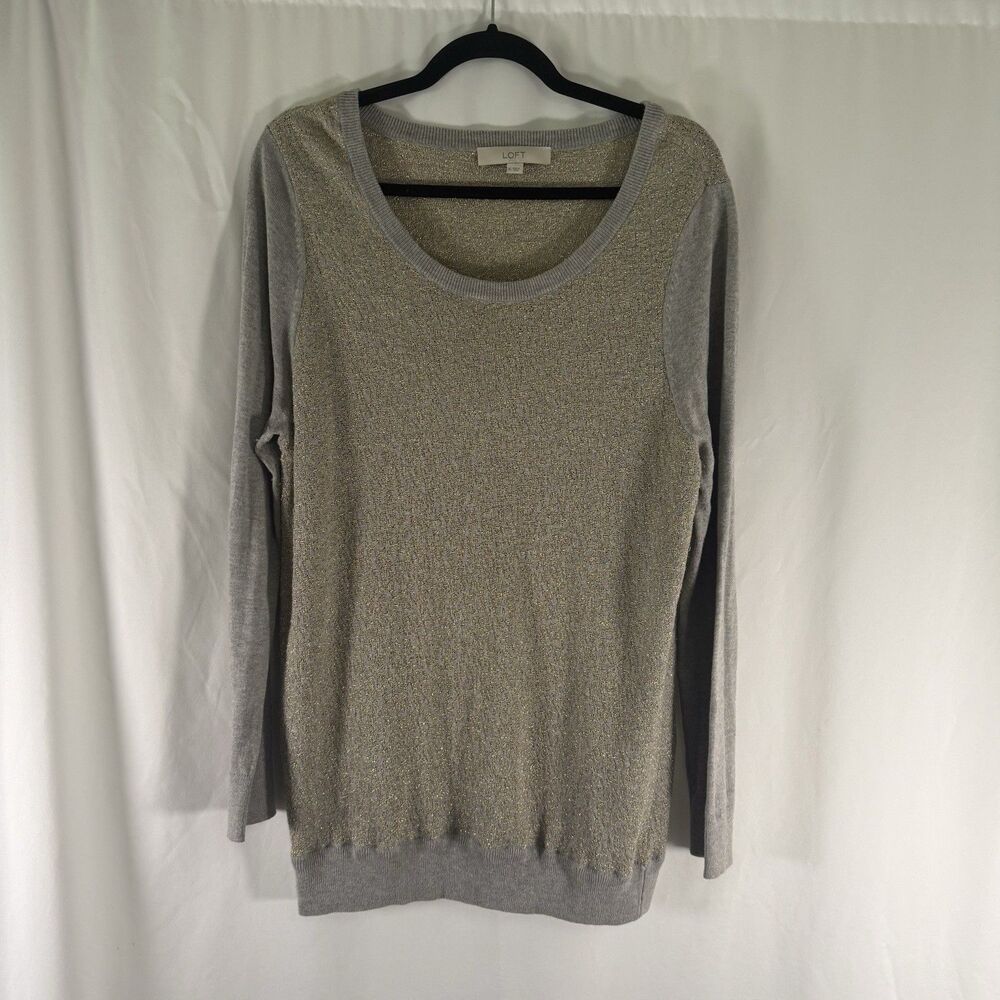 Loft Knit Blouse Women's XL Metallic Gold Grey Knit Round Neck Long Sleeve Pullo
